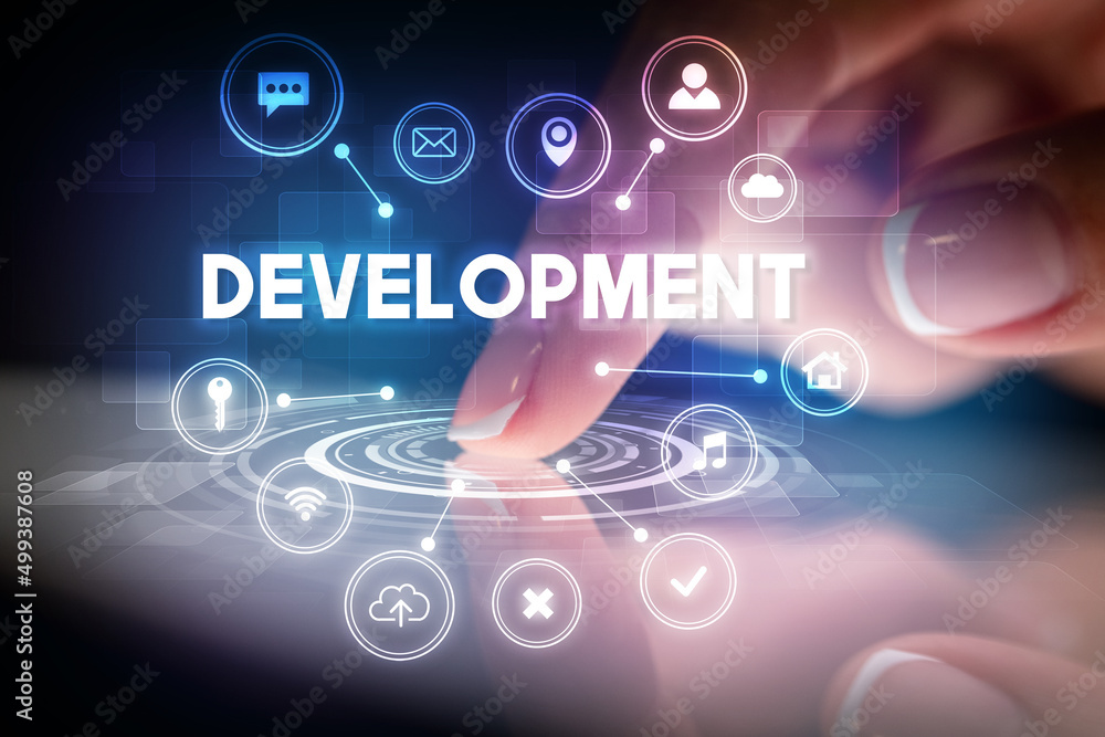 Finger touching tablet with web technology icons concept Finger touching tablet with web technology icons concept