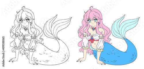 Anime pretty mermaid with curly pink hair and fish tail.