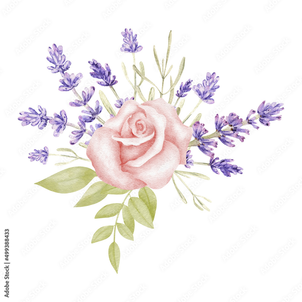 Watercolor lavender and rose flower bouquet. Provence floral