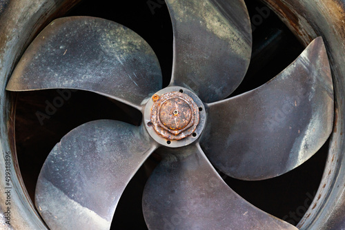 Photography Ship's bronze propeller at the stern of the ship, close-up.