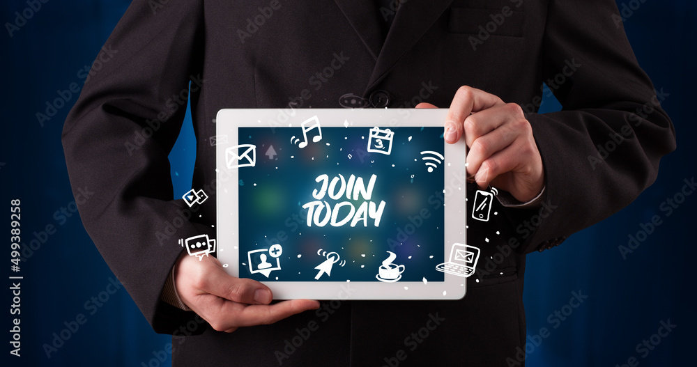 Person holding tablet, social network concept Person holding tablet, social network concept