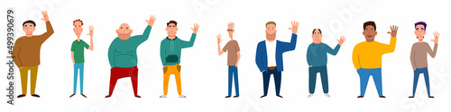 Fashionable men in casual clothes say hello. A set of flat vector illustrations with a gesture of greeting people.