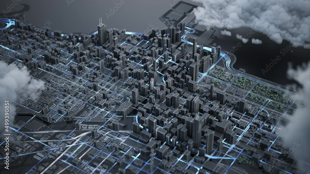 Model of a modern city. Aerial view of night city streets. Digital map of Chicago city. 3d animation