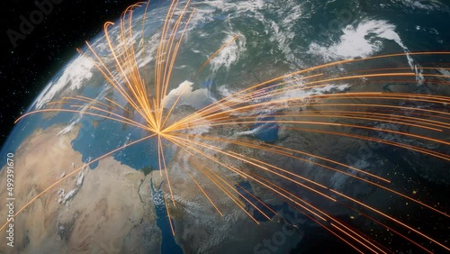 Earth in Space. Orange Lines connect Antalya, Turkey with Cities across the World. Worldwide Travel or Networking Concept.