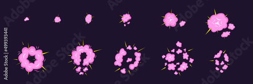 Top view pink sprite explosion set. Vector stock illustration isolated on black chalkboard background for animation comic move graphic design. 