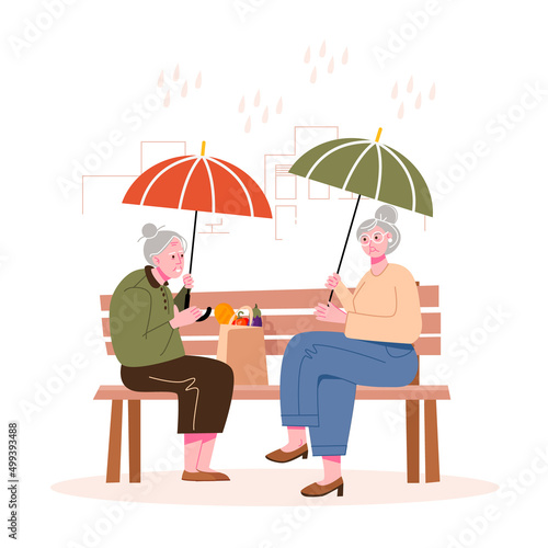 Elderly women sit on a park bench under an umbrella and talk. Life and recreation of old people. Flat vector illustration.