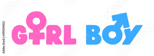 Pink female sign venus with text girl and blue male sign mars with text boy gender symbols set fluffy vector illustration isolated