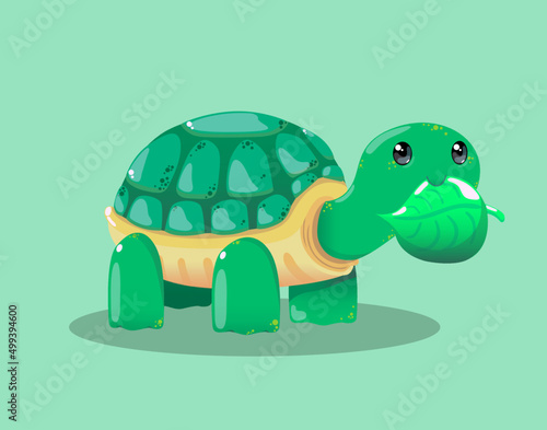 cute baby turtle eating a leaf
