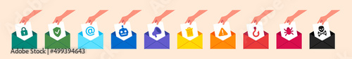 Flat variants hand takes the letter out of the envelope email from safe protected to the dangerous virus, set vector illustration
