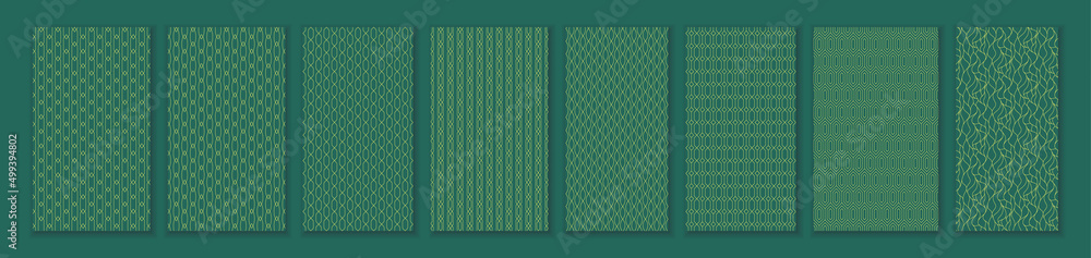 Set with golden line retro geometric seamless pattern on green jade background for vintage wallpaper and fabric