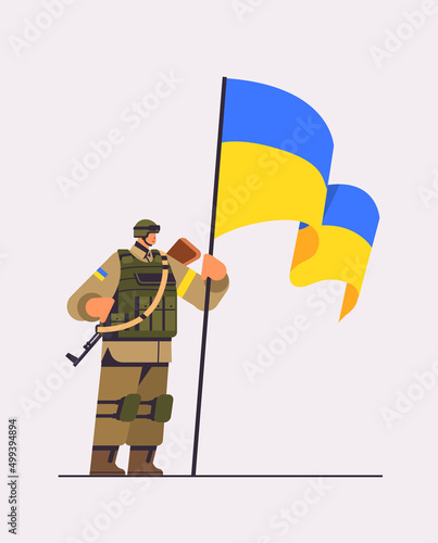Ukrainian soldier in full body armor special forced Ukrainian defender in military cloth armed forces of Ukraine stop war