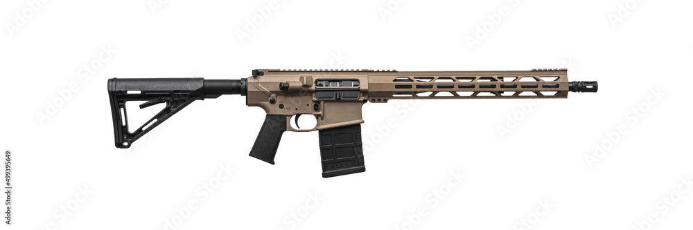 Modern automatic coyote color rifle. Weapons for police, special forces and the army. Automatic carbine. Assault rifle isolated on white back.