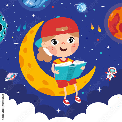 Kid Reading Book On Sky