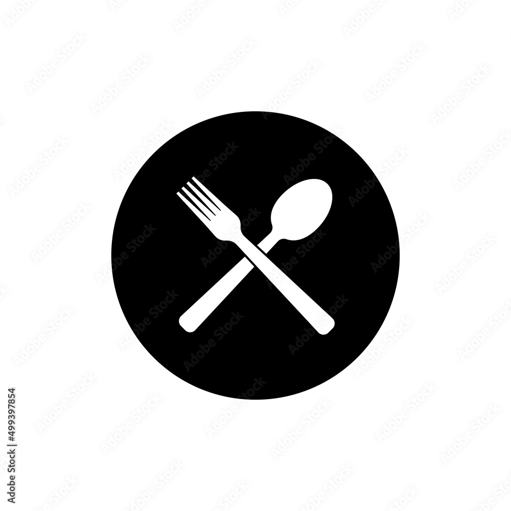 Fork and spoon icon in black round Fork and spoon icon in black round