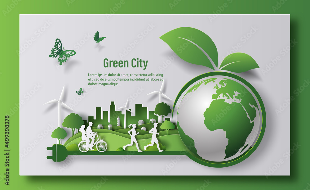 Eco-friendly green plug with earth and leaves on a city background landing  page and banner design, paper illustration, and 3d paper. Stock Vector |  Adobe Stock