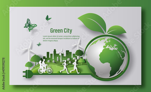 Eco-friendly green plug with earth and leaves on a city background landing page and banner design, paper illustration, and 3d paper.