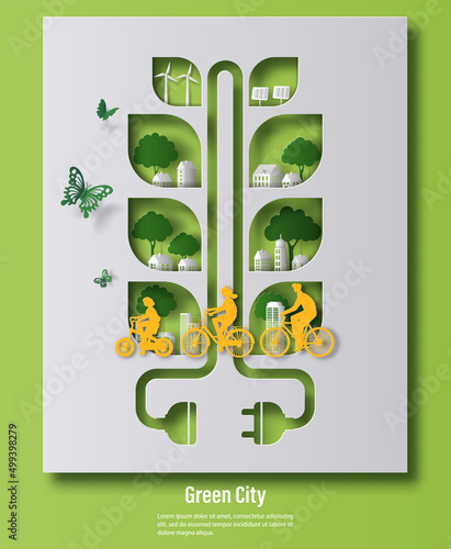Eco-friendly green plug, a family riding a bike with a city background, landing page and banner design, paper illustration, and 3d paper.