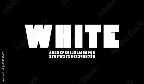 Ultra bold font, modern technology alphabet, white letters and numbers