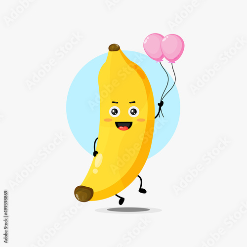 Illustration of cute banana character carrying balloon