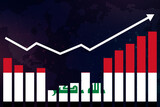 Iraq bar chart graph with ups and downs, increasing values, Iraq country flag on bar graph, upward rising arrow on data, news banner idea, developing country concept