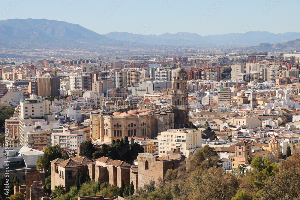 The panorama of Malaga and Malaga Cathedral from Gibralfaro hill, Spain
