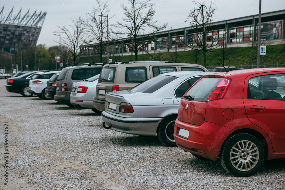 Cars parked in a row.