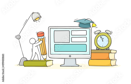 Cartoon workplace with man and computer.