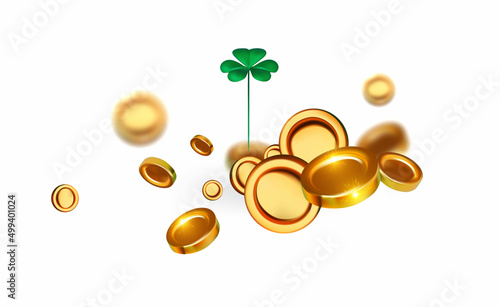Money and luck. 3D cash coins and lucky shamrock isolated on white. Banking concept. Win design