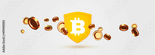 Bitcoin. Crypto concept. E-money exchange protection design with shield and coins