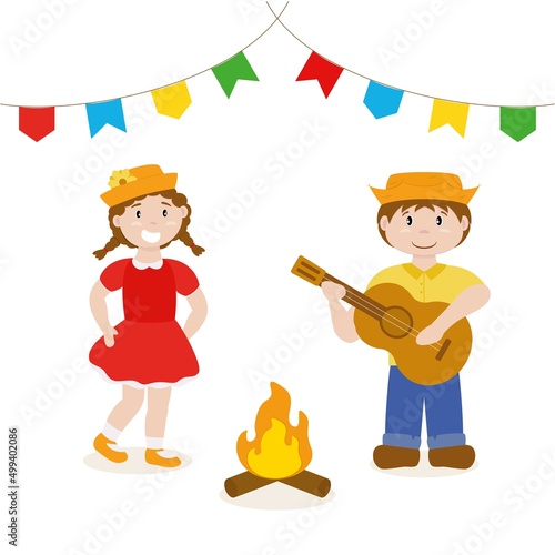 Festa junina - São João - casal dançando e tocando violão, fogueira e bandeirinhas - ilustração vetorial.