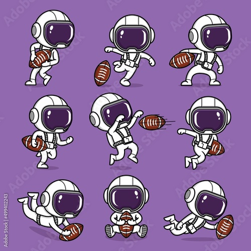cute cartoon astronaut playing rugby. collection set