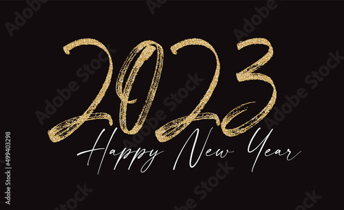 Happy new 2023 year Elegant gold glitter text with light. Minimal text template