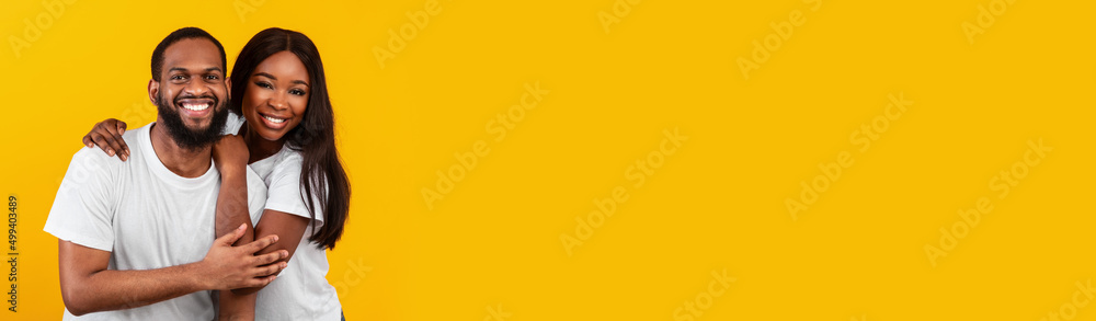 Fototapeta premium Portrait Of Happy Joyful African American Couple Embracing And Smiling At Camera