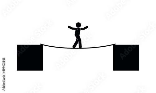 tightrope walker illustration, isolated vector icon, man takes risks, human silhouette walks over an abyss