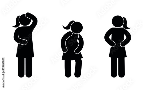 a woman has a stomachache, a pregnant woman icon, pain illustration, a set of human silhouettes, a symptom of diseases