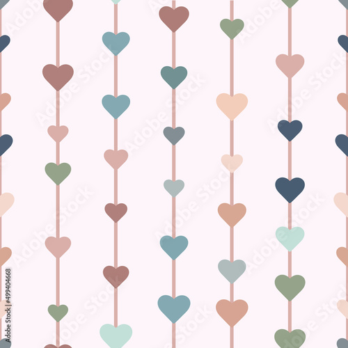 Multicolored geometric vector pattern, seamless repeat, vertical stripes with hearts