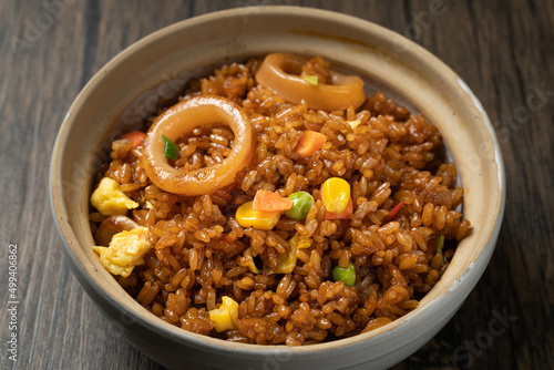 A plate of delicious fried rice with squid