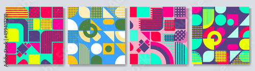 Vector illustration. Minimalist banner collection. Flat geometric shape pattern. Circle, square, triangle. Acidic vibrant color. Retro vintage graphic. Design for web banner, social media template