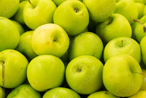 Green apples. Top view of organic raw green apples. Group of healthy fruits