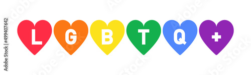 LGBTQ Pride Logo in Colorful rainbow flag color hearts. Vector illustration isolated on white background. Pride Month celebration design element.