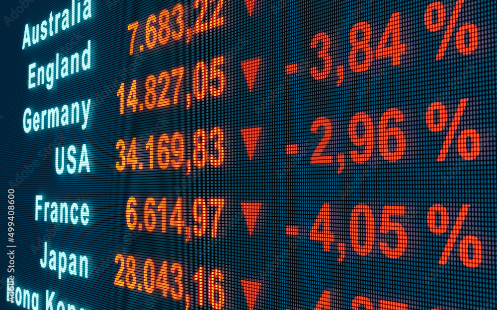 Stock Market crash. Data on a trading screen with countries, and strong negativ percentage changes. Business, Stock market exchange and trading concept. 3D illustration Stock Market crash. Data on a trading screen with countries, and strong negativ percentage changes. Business, Stock market exchange and trading concept. 3D illustration