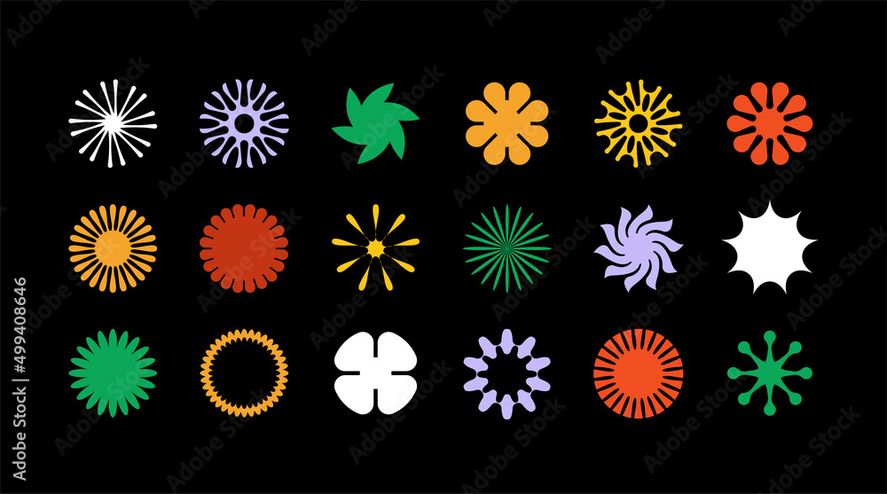 Set of simple vector objects of unusual shapes in a modern brutalism style, figures of the sun, flowers and stars. Set of simple vector objects of unusual shapes in a modern brutalism style, figures of the sun, flowers and stars.