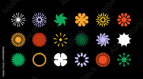 Set of simple vector objects of unusual shapes in a modern brutalism style, figures of the sun, flowers and stars. 