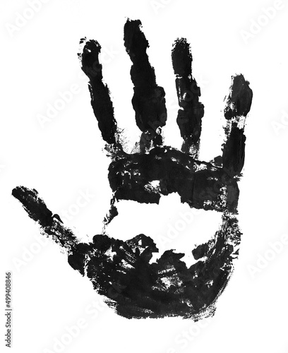 Black and white print of a bloodied palm with a map of Ukraine inside on a white background. Concept of war and bloodshed in Ukraine. Stop war.