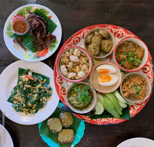Top view of traditional Thai Northern food.