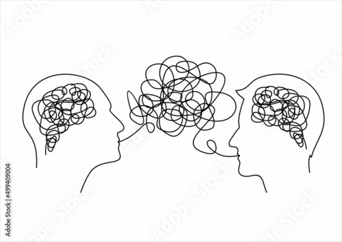 two heads of people with confused thoughts in their heads are talking. misunderstanding and gossip concept. psychology of communication. vector illustration isolated