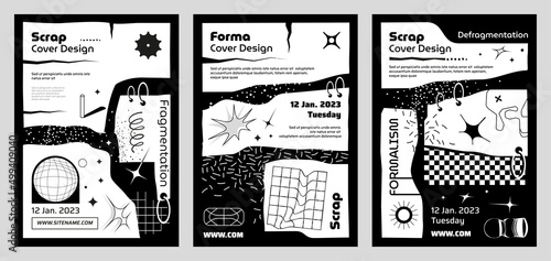 Set of black and white torn vector covers with space background, scraps of paper with space for text, brutalist design with linear shapes of objects, stars, flashes of light, and grids,. 