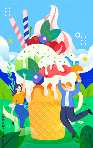 Summer ice cream treat, character jumping next to food, vector illustration © lin