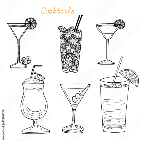 Cocktails set, cosmopolitan, mojito, margarita, pina colada, martini dry, tequila sunrise, vector illustration, hand, drawing sketch