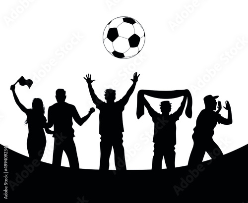 Football fans silhouettes. Black flat figures cheering and screaming on the soccer match. Vector  isolated  sport.